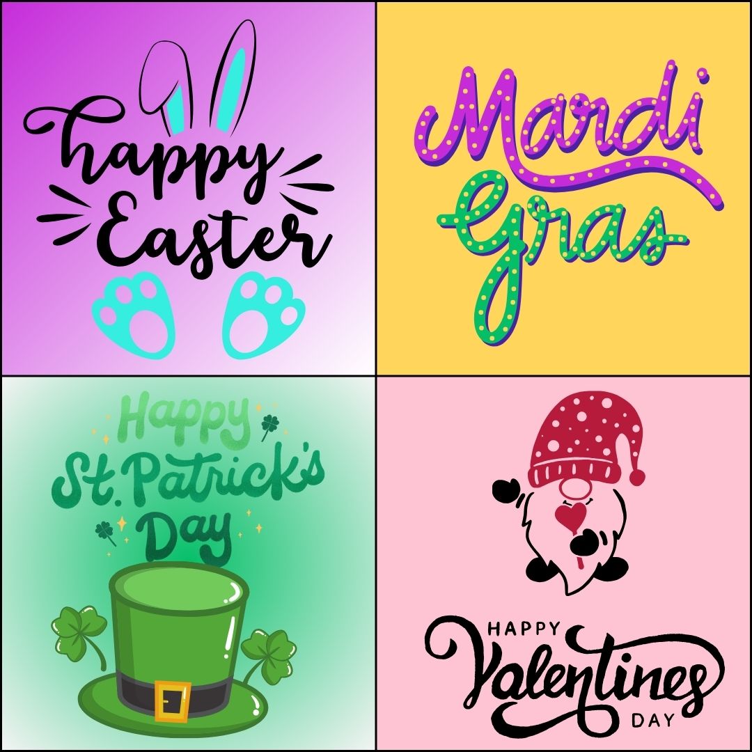 Décalques de Fetes; Pâques, St-Valentin, Mardi Gras, St-Patrick