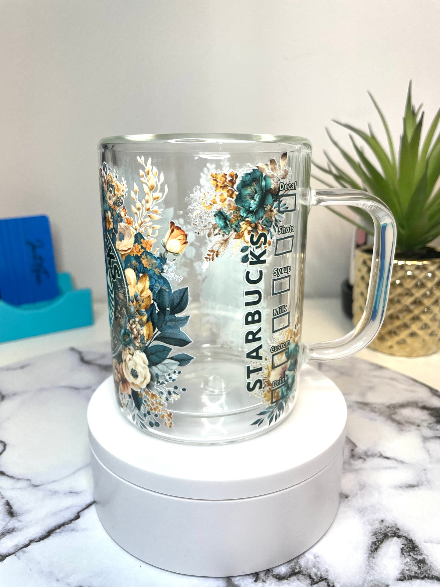 STARBUCKS Green and gold flowers 15oz double walled mug