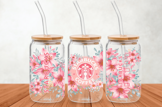 STARBUCKS 16oz Glass can coral hibiscus flowers