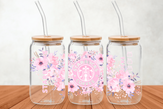 STARBUCKS 16oz glass can with pink flowers