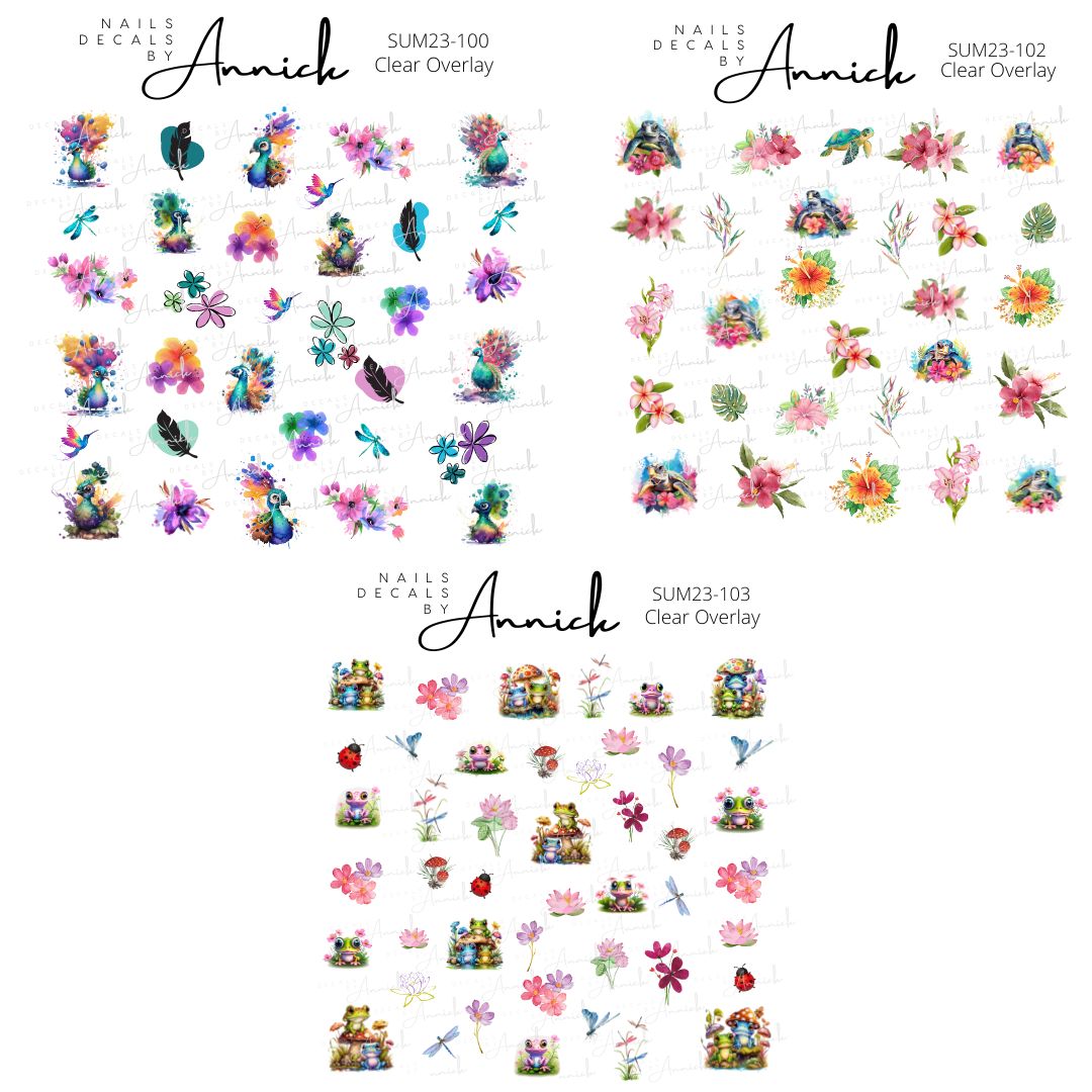 Water transfer nail decal flowers and peacock feathers,sea turtles and cute frogs