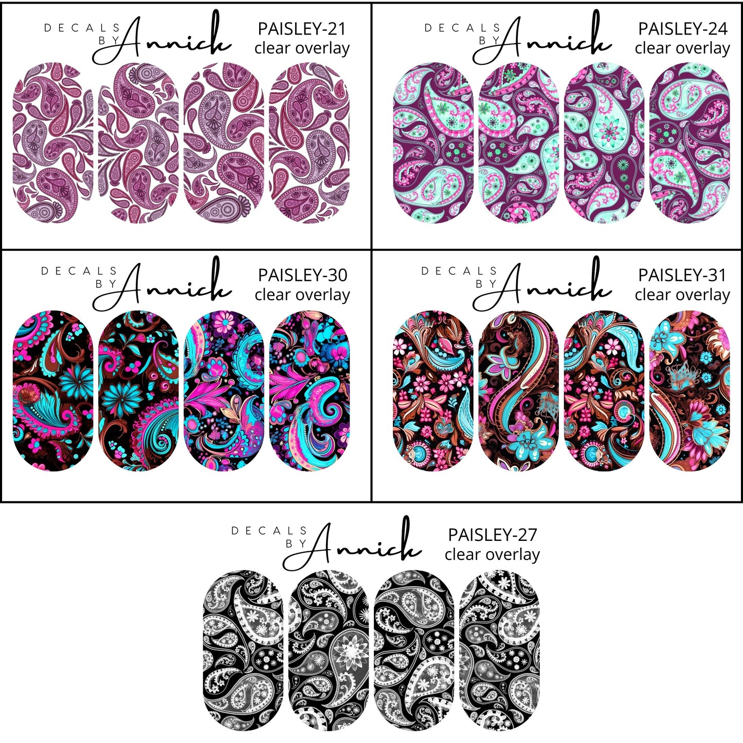 Water transfer decals for nails. Water decals can be applied to natural nails, tips, press-ons, resin and powder finishes, gel varnish or regular varnish. IMPORTANT: Water decals work best on sticky bases, a no-smudge top coat or with gel liquids. I strongly suggest ORLY brand Bonder (Rubberized basecoat), available in pharmacies and on Amazon. I cannot guarantee the results of decals when used with dip liquids, as these are corrosive and can melt waterslide decal paper. Decals on clear overlay paper will b