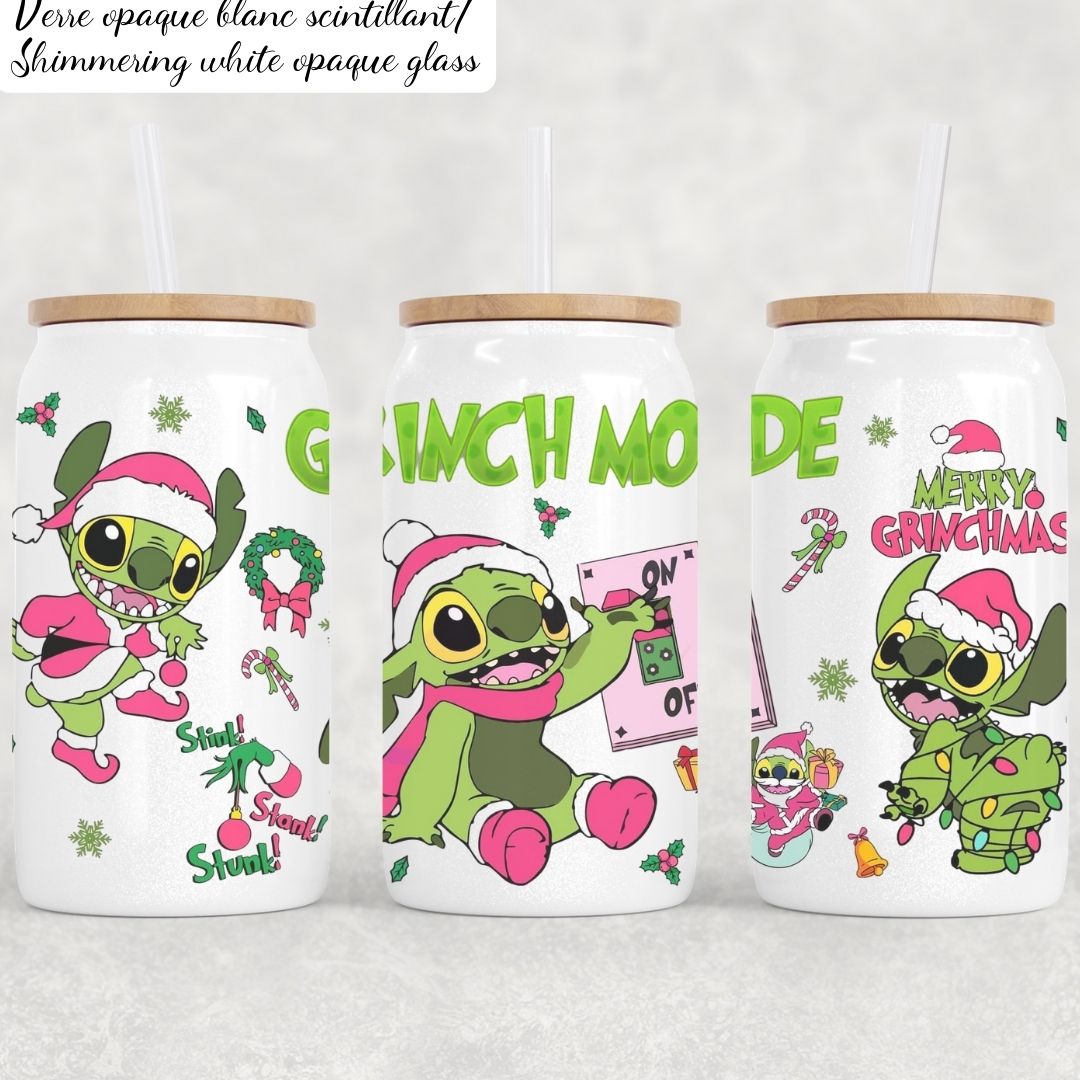 STITCH IN GRINCH MODE 16OZ libbey glass can www.j4funboutique.com