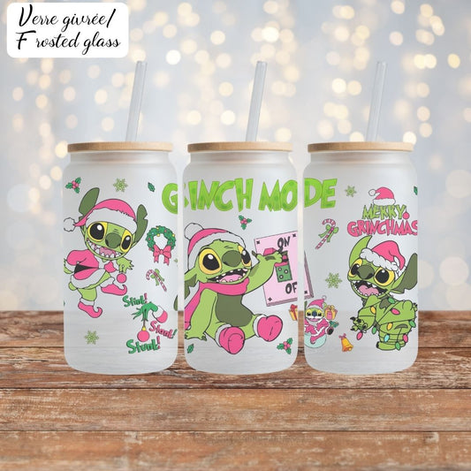 STITCH IN GRINCH MODE 16OZ libbey glass can www.j4funboutique.com
