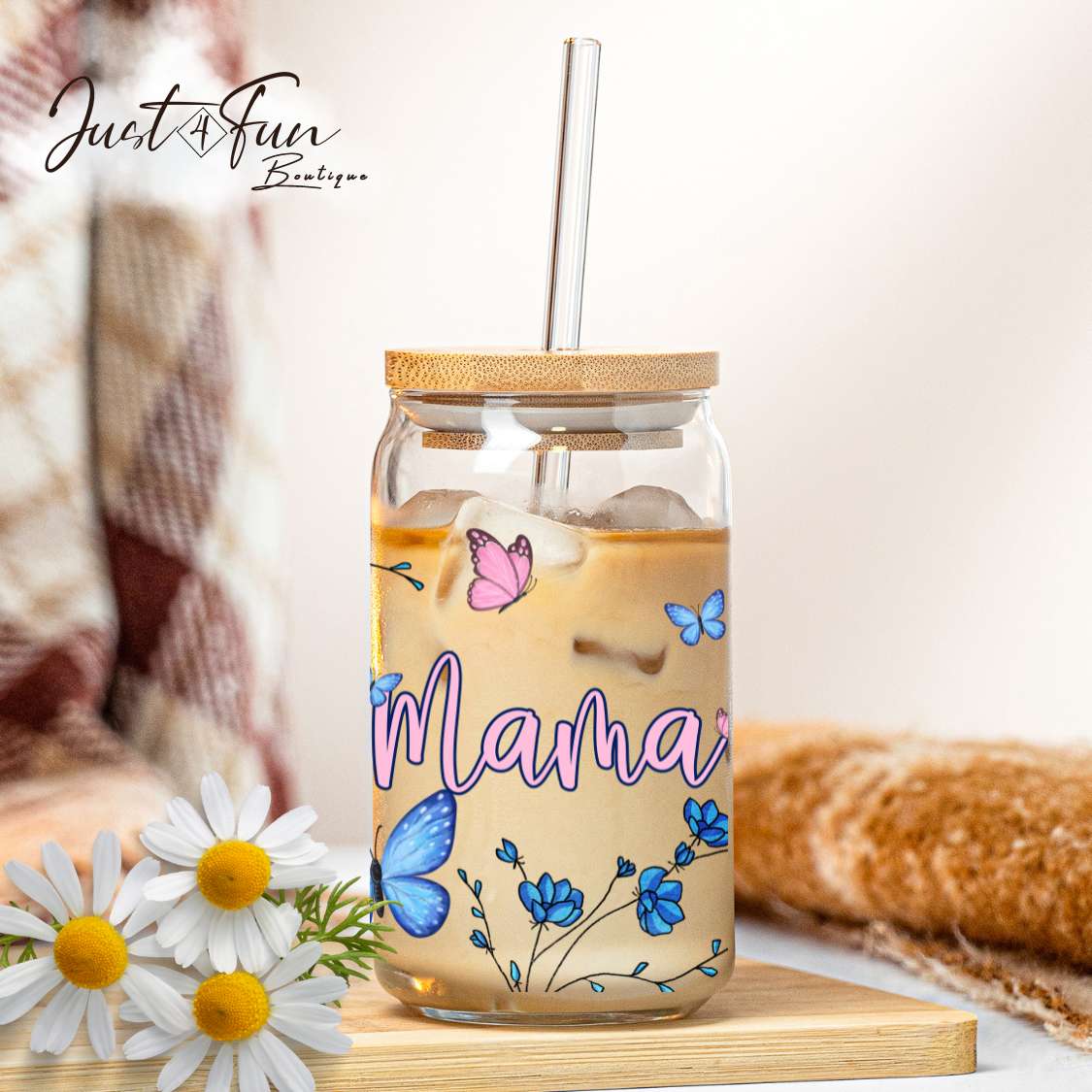 Gobelet à café glacé MAMA papillon/ Iced coffe cup with bamboo lid Just4Fun Boutique