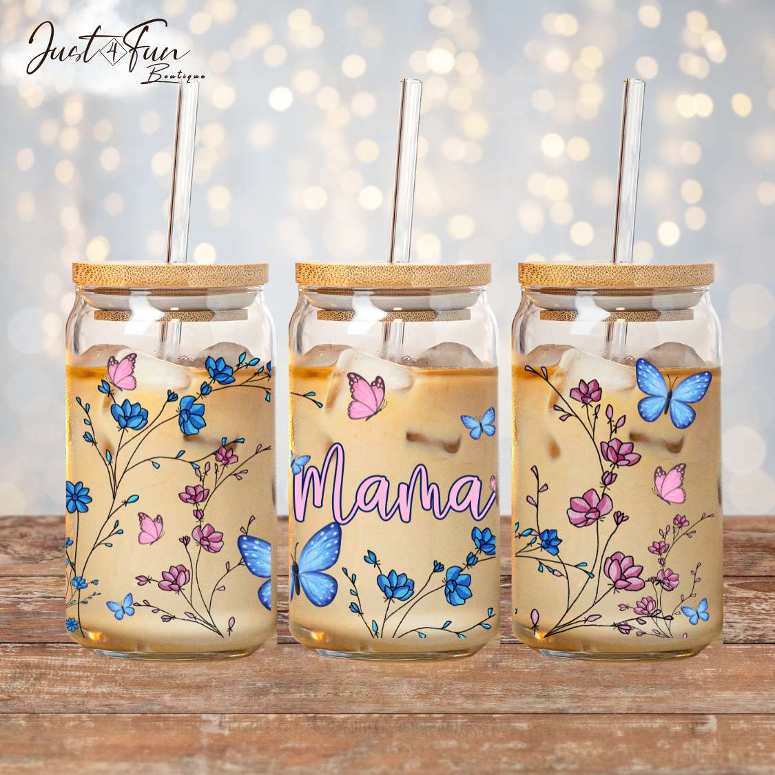 Gobelet à café glacé MAMA papillon/ Iced coffe cup with bamboo lid Just4Fun Boutique