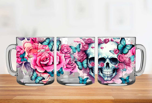  Skull with pink flowers 15oz double walled mug