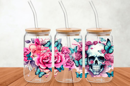 www.j4funboutique.com Pink roses skull libbey glass can