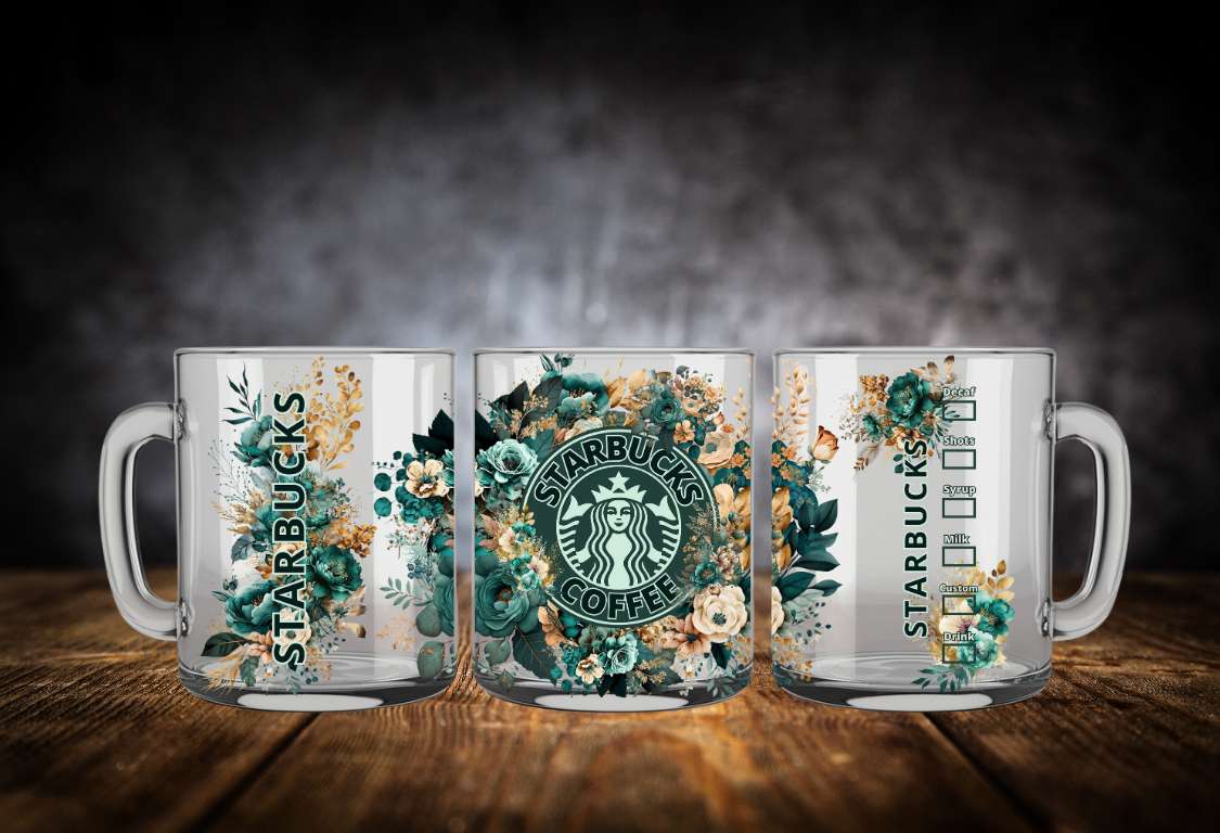 STARBUCKS Green and gold flowers 15oz double walled mug