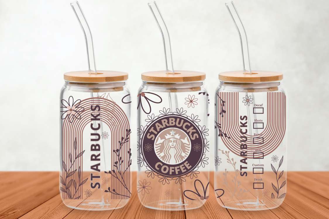 STARBUCKS 16oz Glass can Boho Flowers Iced Coffee Glass