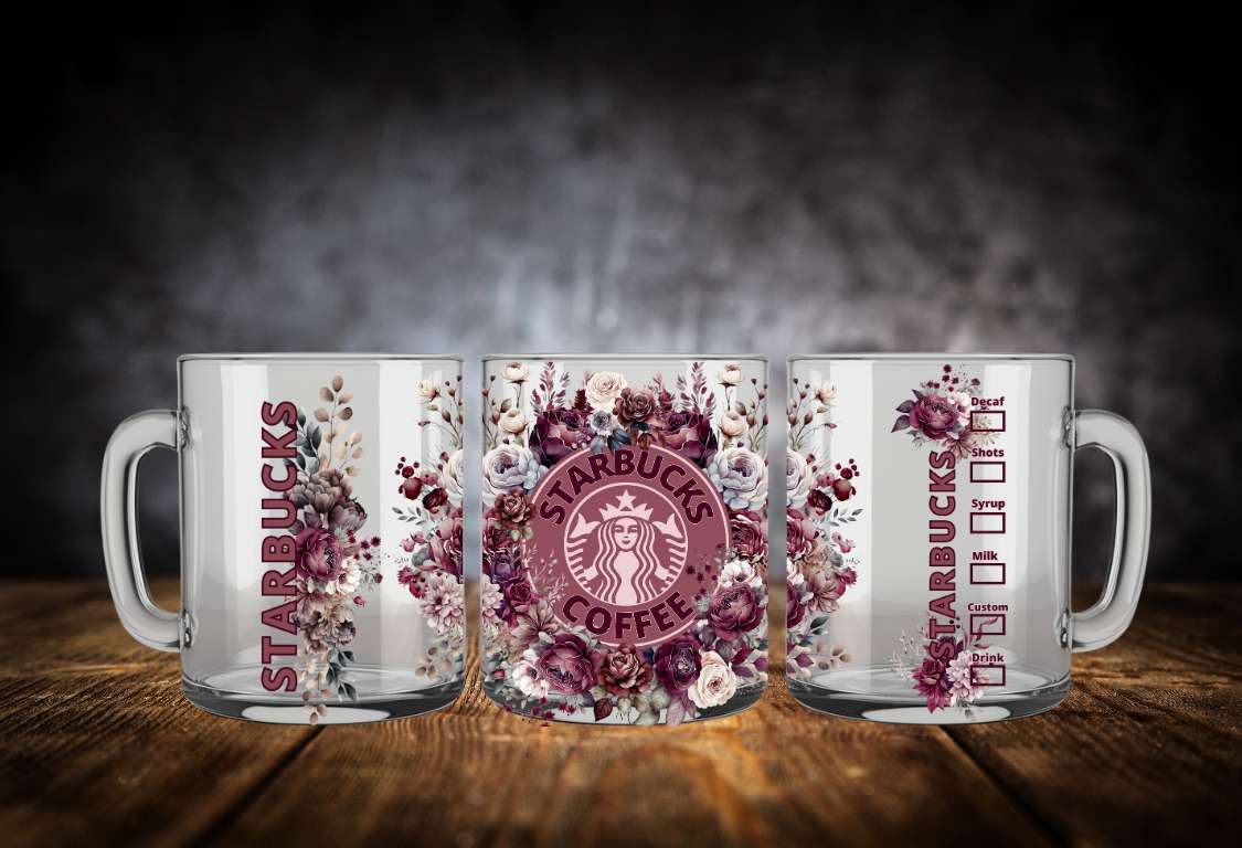 Tasse double parois bouquet floral rose et bourgogne STARBUCKS Burgundy and pink flowers 15oz double walled mug