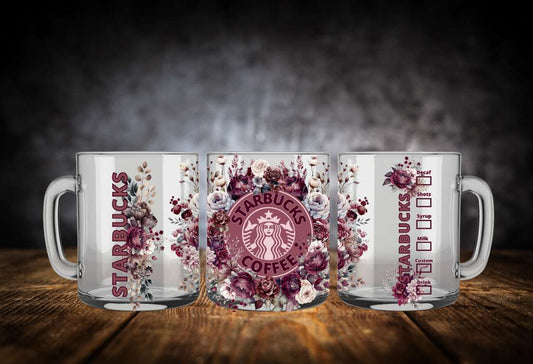  STARBUCKS Burgundy and pink flowers 15oz double walled mug