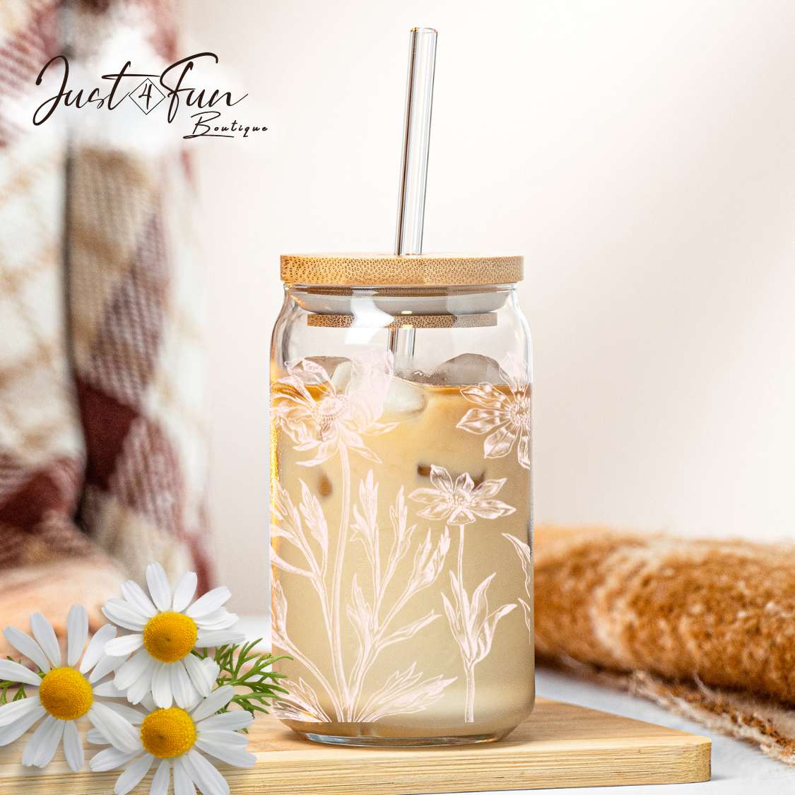 Verre/Gobelet à café glacé Fleurs delicates /Delicat flowers iced coffee cup Just4Fun Boutique