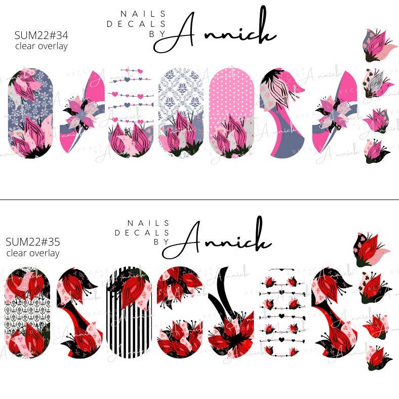 Water transfer decals for nails Bouquets flowers/ Waterslide decals for nails Pink and black, Red and black flowers