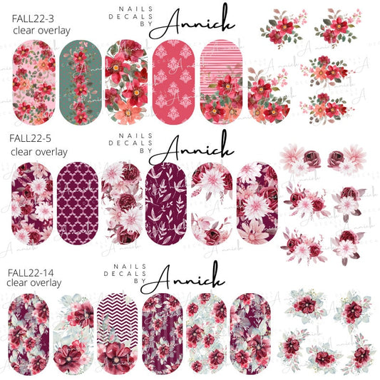 Water transfer decals for nails Bouquet autumn flowers / Waterslide decals for nails Fall Flowers, red, burgundy