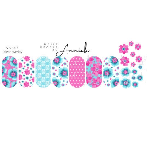 Water transfer nail decals bouquets flowers spring blue and pink