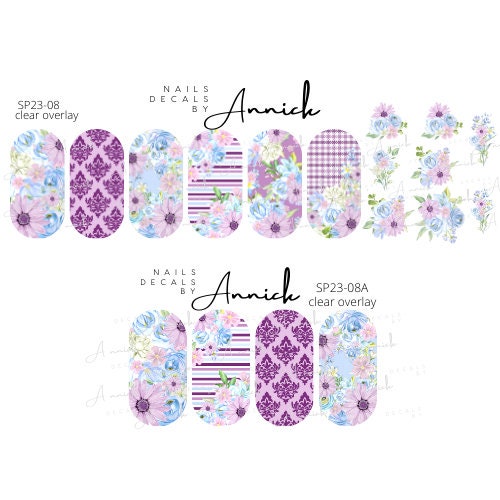 Water transfer decals for nails bouquets of blue and pink flowers 