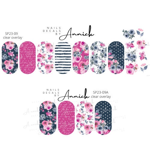 Water transfer decals for nails bouquets of blue and pink flowers 