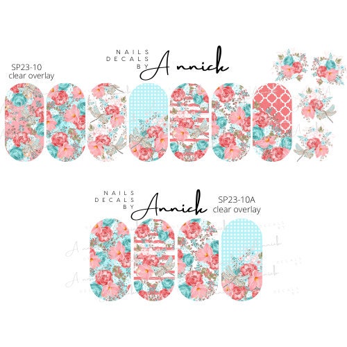 Water transfer nail decals bouquets green and peach flowers