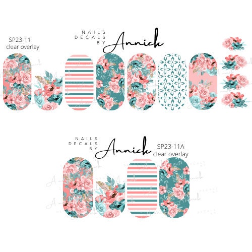 Water transfer nail decals bouquets green and peach flowers