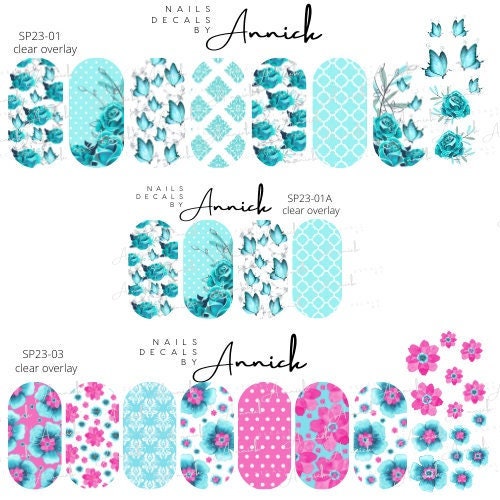 Water transfer nail decals bouquets flowers spring blue and pink