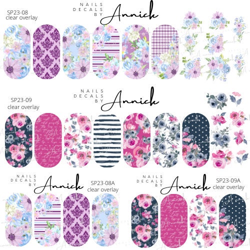 Water transfer decals for nails bouquets of blue and pink flowers 