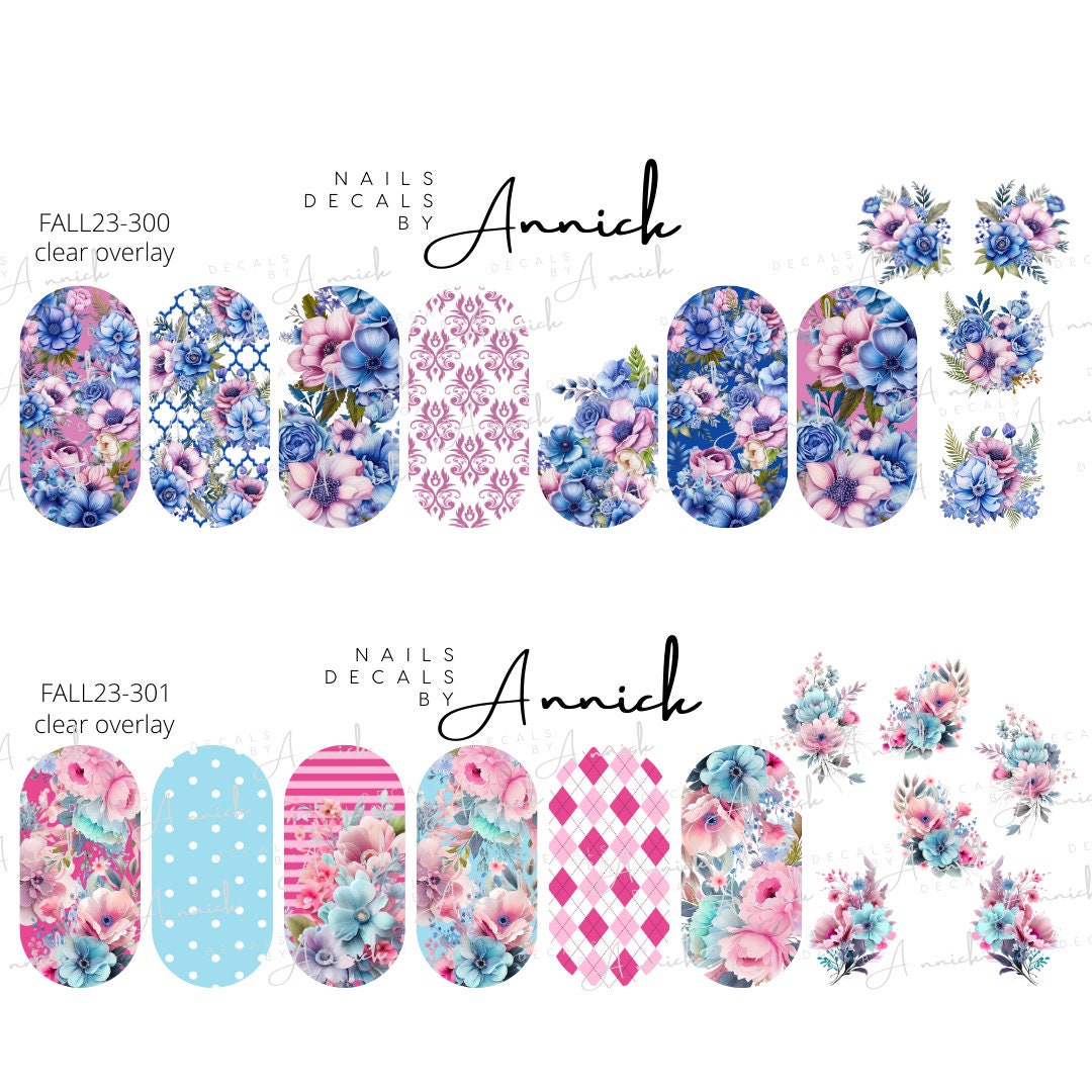 Water transfer decals for nails BLUE and PINK bouquets/ Waterslide decals for nails Blue and Pink flowers