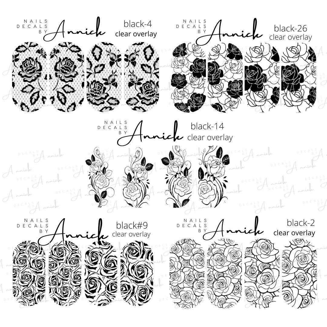 Water Transfer Decals Black Flowers, Lace